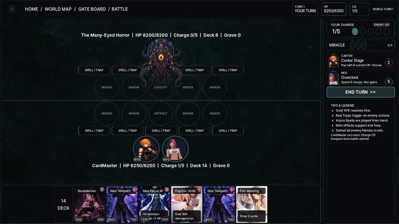 A boss battle in Sealbound — the board mid-fight against a Mythos boss